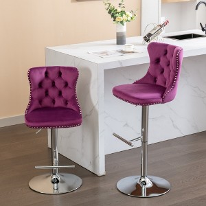 SKRAN Swivel Velvet Barstools Set of 2, Adjustable Seat Height Tufted Back Hand-Hammered Rivets Black Metal Leg For Home Pub & Kitchen Island - 1 of 4
