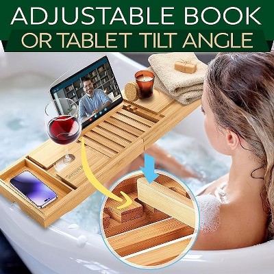 Adjustable Natural Bamboo Bathtub Caddy Tray with Wine Holder