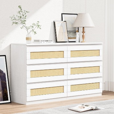 Rattan Dresser for Bedroom, 6 Drawer Dresser for Bedroom, Modern Wide Chest of Drawers with Anti-Tip Kit & Smooth Slide Rail, Wood Storage