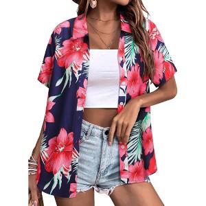Nlife Womens Button Down Hawaiian Shirts Short Sleeve Floral Print Summer V Neck T-Shirt Casual Summer Beach Blouses Tops - 1 of 4