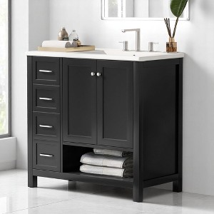 Mshliw 36" Bathroom Vanity with Ceramic Sink, Cabinet with Two Doors, Two Drawers, and Open Shelf, Freestanding Solid Wood Construction - 1 of 4