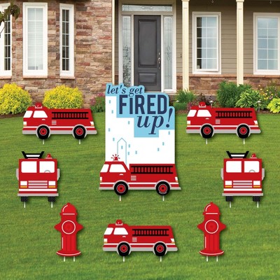 Big Dot of Happiness Fired Up Fire Truck - Yard Sign and Outdoor Lawn Decorations - Firefighter Baby Shower or Birthday Party Yard Signs - Set of 8