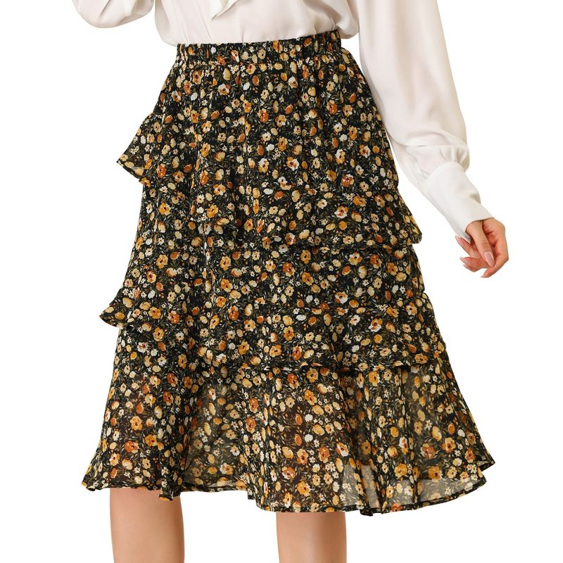 Allegra K Women's Floral Layered Elastic Waist Chiffon Ruffle Midi Skirt, 1 of 7
