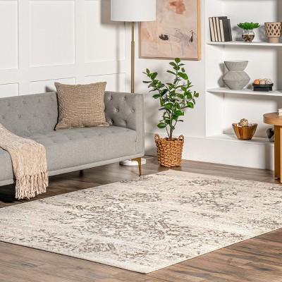 Beige Round Washable Floral Synthetic Area Rug