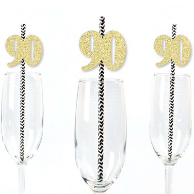 Big Dot of Happiness Gold Glitter 90 Party Straws - No-Mess Real Gold Glitter Cut-Out Numbers & 90th Birthday Paper Straws - Set of 24