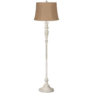 360 Lighting Vintage Chic Floor Lamp 60" Tall Antique White Washed Natural Burlap Fabric Drum Shade for Living Room Reading Bedroom Office - 1 of 4