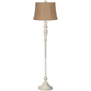 360 Lighting Vintage Chic Floor Lamp 60" Tall Antique White Washed Natural Burlap Fabric Drum Shade for Living Room Reading Bedroom Office