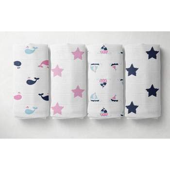 Bacati - Little Sailor Blue/Navy/Pink Girls Muslin Swaddling Blankets set of 4