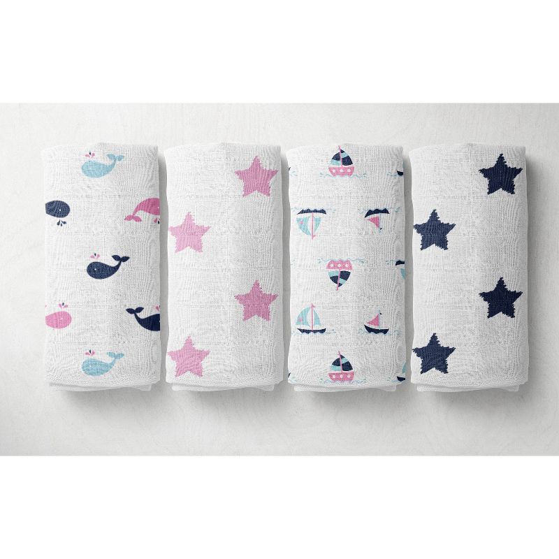 Bacati - Little Sailor Blue/Navy/Pink Girls Muslin Swaddling Blankets set of 4, 1 of 6