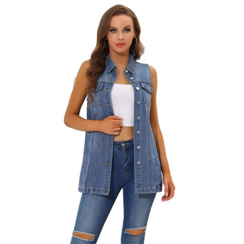 Allegra K Women's Denim Vintage Button Up Sleeveless Crop Jean