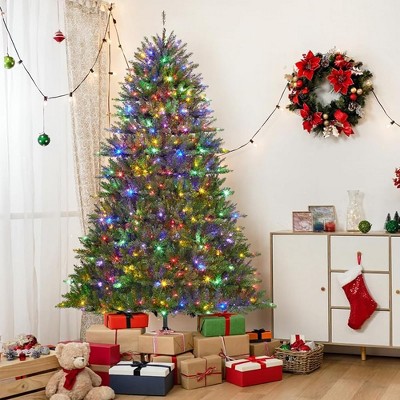 7ft Pre-Lit Artificial Christmas Tree with 600 Dual-Color LED Lights, Easy Assembly for Home and Office