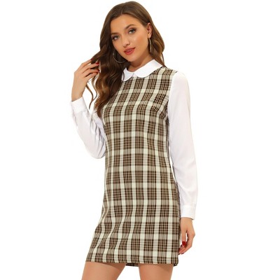 Allegra K Women's Contrast Peter Pan Collar Long Sleeve Above Knee Shift Plaid Dress
