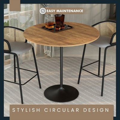 Cognac Brown Round MDF Bar Height Dining Table with Black Pedestal Base