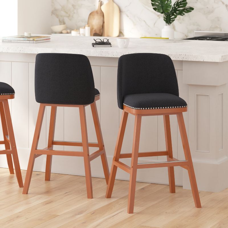 Merrick Lane Set of 2 Charcoal Faux Linen Upholstered 30" Bar Stools with Nail Head Accent Trim and Walnut Wood Frames, 2 of 12