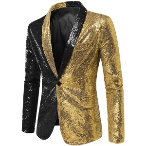 INSPIRE CHIC Men's Shawl Lapel Party Disco Shinny Color Block Sequin Blazer - 1 of 4