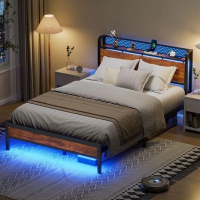 Furnulem LED Bed Frame Full Size with 2 USB Ports and Outlets Platform Metal Bed Frame No Box Spring Needed Noise-Free