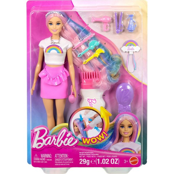 Muñeca Barbie Rainbow Sparkle Hair con cabello extra largo, lápiz labial rosa y 12 accesorios de peinado 5