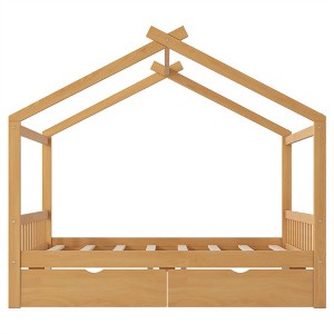 COWLOWN Twin House Platform Bed with Roof Design, Wooden Playful Bed Frame with Headboard & Footboard for Kids - 1 of 4