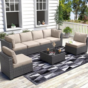 7Pcs PE Rattan Patio Conversation Set with Sectional Sofa & Coffee Table, Outdoor Furniture for Garden, Poolside, and Backyard - 1 of 4
