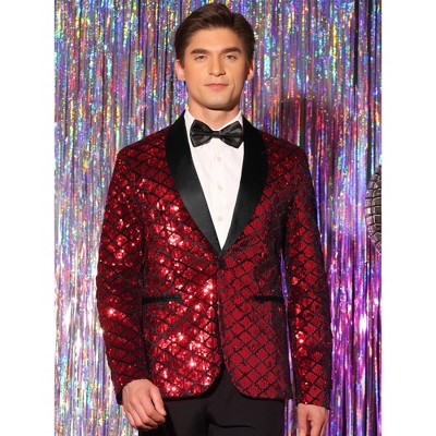 Lars Amadeus Men's Argyle Pattern Peak Lapel Prom Shiny Squins Blazers Red X Large — фото 2
