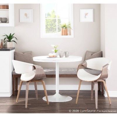 Light Grey Wood and White Faux Leather Mid-Century Arm Chair