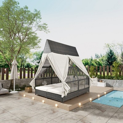 Oris PE Rattan Outdoor Daybed Patio Lounge Bed with Adjustable Backrest, Curtains and 4 Pillows, Outdoor Furniture - Maison Boucle