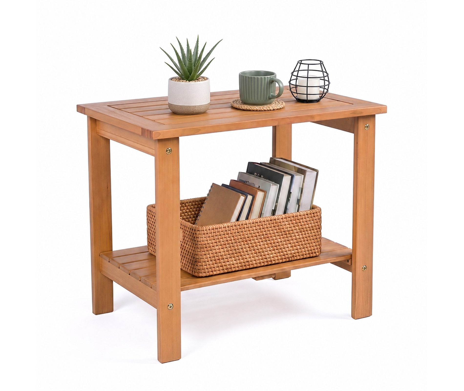 2-Tier Eucalyptus Wood End Table with Slatted Top and Storage Shelf for Patio and Backyard