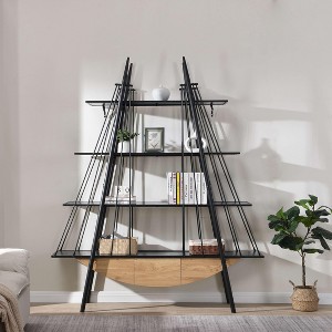 GDFStudio Daxen Modern 4-Tier Metal and Wooden Sailboat-Inspired Bookshelf with Hidden Drawer - 1 of 4