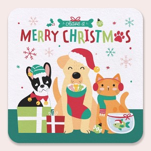 Big Dot of Happiness 25 Ct Christmas Pets Drink Coasters, 4-Inch Disposable Square Paper Coasters, Cats Dogs Holiday Decor Funny Christmas Table Decor - 1 of 4