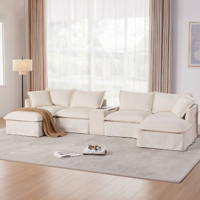Whisen Modular Sectional Sofa with Movable Storage Ottoman and Console, Wide Seat, 6 Seat U Shaped Couch
