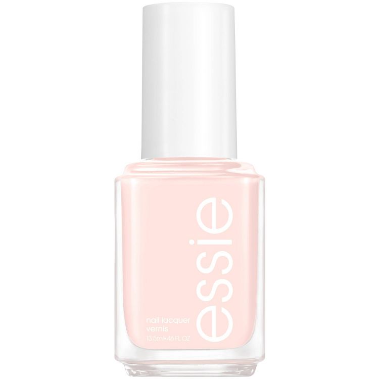 A bottle of light pink colored nail polish with "essie" written on it.