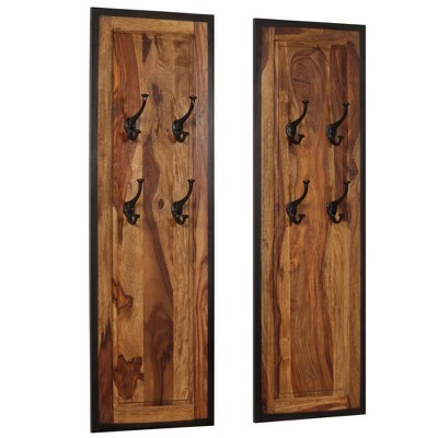 Aghana Digitals 2-Pack Wall-Mounted Solid Acacia Wood Coat Racks with 8 Hooks, Retro Brown Polished