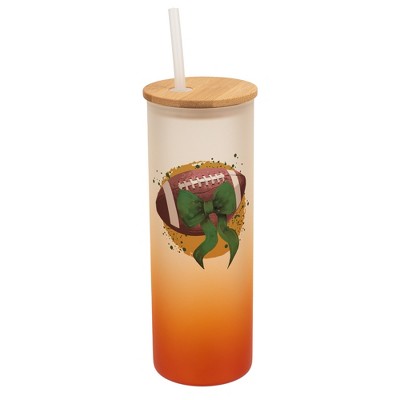 Elanze Designs 25 Ounce Frosted Glass Gradient Travel Tumbler With Straw and Wooden Lid, Football With Green Bow Orange