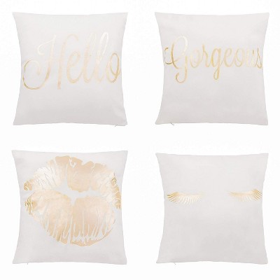 Juvale Throw Pillow Covers - 4-Pack Decorative Couch Throw Pillow Cases for Girls and Woman, White Covers with Rose Gold Foil Lettering Print, 17x17"