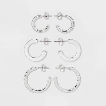 Hammered Metal Hoop Trio Earring Set 3pc - A New Day™ Silver