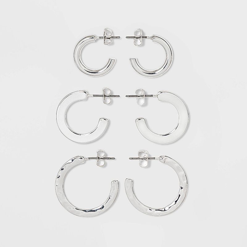 Hammered Metal Hoop Trio Earring Set 3pc - A New Day&#8482; Silver, 1 of 5