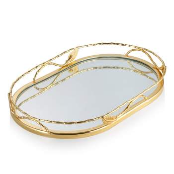 Classic Touch Oval Shaped Mirror Tray with Gold Leaf Design - 16"L