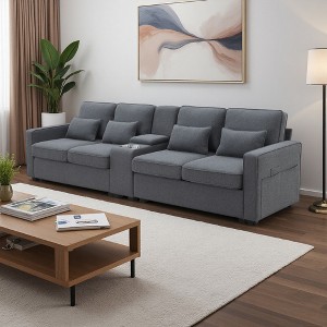 114.2" Linen Sectional Sofa with Console, Cup Holders & Charging - 1 of 4