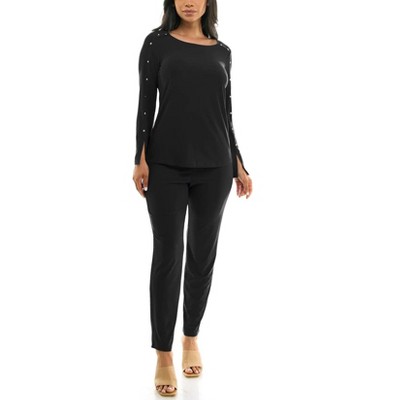 EG PRO Women Scoop Neck Embellished Shoulder Long Sleeve Jumpsuit with Elastic Waist Pants