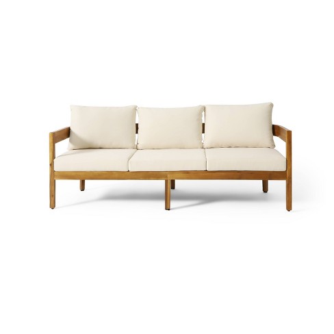 Fairburn Contemporary Pillow Back 3 Seater Sofa Beige/Espresso -  Christopher Knight Home