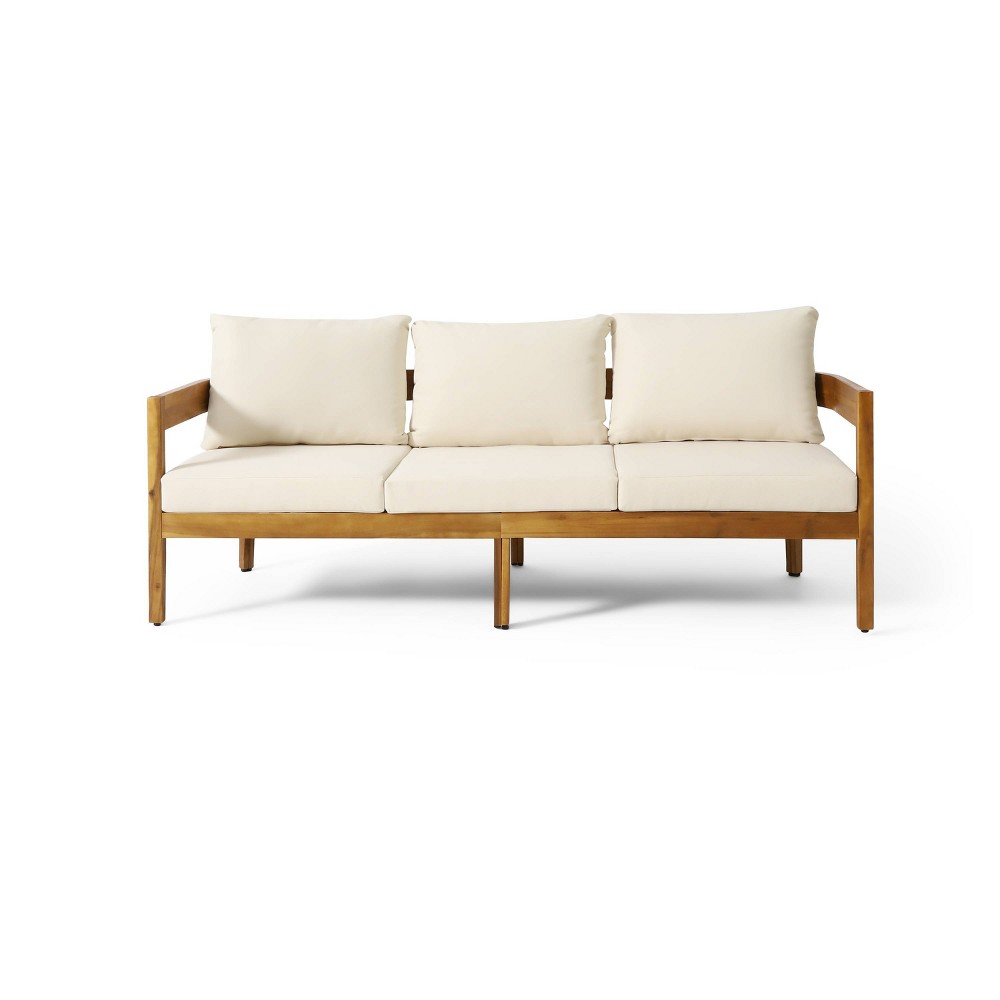 Brooklyn Outdoor Acacia Wood 3 Seat Sofa with Cushions Teak/Beige - Christopher Knight Home: Weather-Resistant Patio Furniture