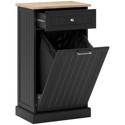 HOMCOM Kitchen Tilt Out Trash Bin Cabinet Free Standing Recycling Cabinet Trash Can Holder With Drawer