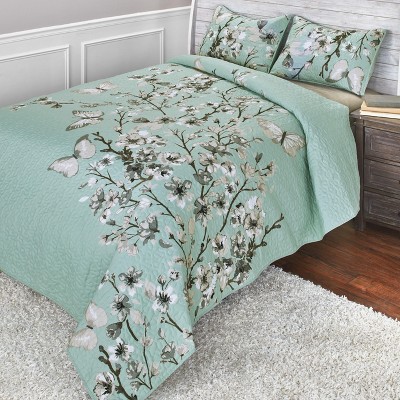 Lakeside Full and Queen Size Embroidered Cherry Blossom Quilt Set - 3 Pieces