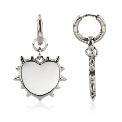 Slate by Rebl Spike Heart Dangle Earrings  Stainless Steel, 15x2.6mm Hoop with 22.8x24.5mm Spike Heart Dangle