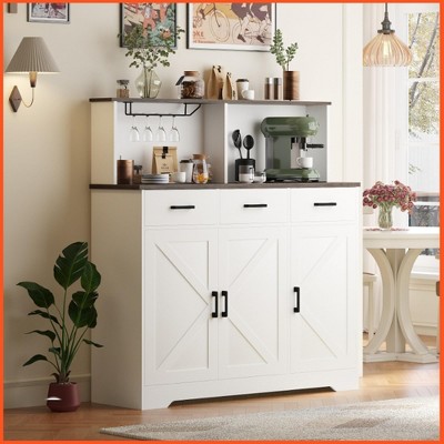Homhougo Farmhouse Sideboard Buffet Cabinet with Microwave Stand, Barn Doors Buffet Storage Cabinet with Drawers and Shelves White