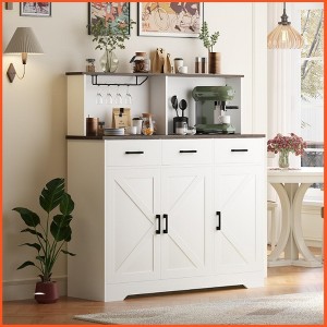 Homhougo Farmhouse Sideboard Buffet Cabinet with Microwave Stand, Barn Doors Buffet Storage Cabinet with Drawers and Shelves White - 1 of 4