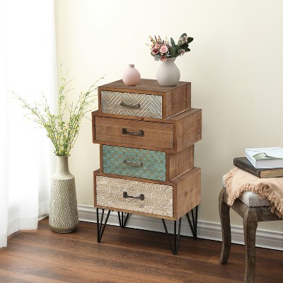 Mid-Century Brown 4-Drawer Wood Accent Chest with Metal Legs