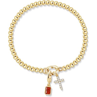 Free bird Cross Birthstone Bracelet | Dainty 14K Gold Plated Cross Charm Bracelet | Stretchable Elastic Gold Beaded Bracelet