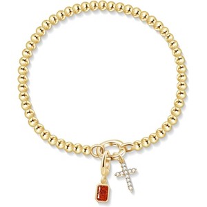 Free bird Cross Birthstone Bracelet | Dainty 14K Gold Plated Cross Charm Bracelet | Stretchable Elastic Gold Beaded Bracelet - 1 of 4