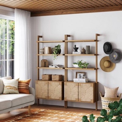 Nathan James Light Brown Solid Wood Ladder Bookcase with Seagrass Doors